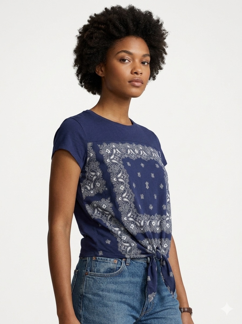 Soho Jeans New York & Co Tie Front Top Bandana Mixed Media Paisley Blue White S
